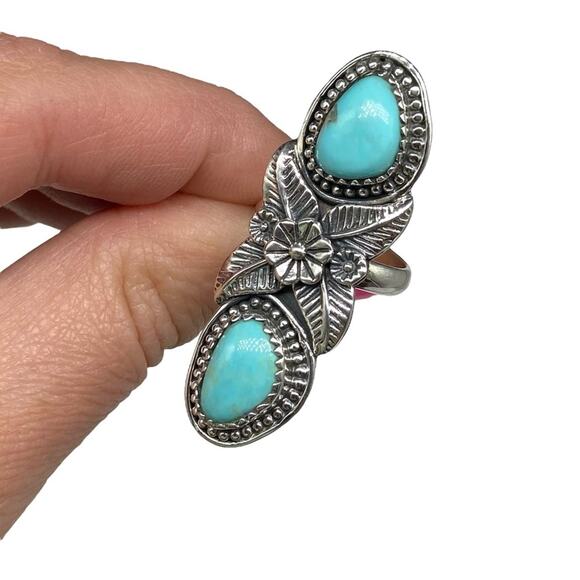 Campitos Turquoise Ring Size 6.5 Solid Sterling Silver 925 Natural Stone Flower - Picture 6 of 10
